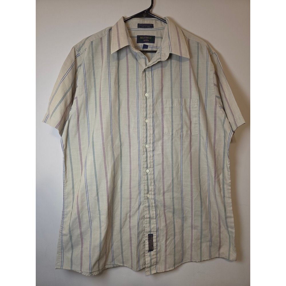Brittany Bay Mens XL Short Sleeve Button Down Shirt Tan Striped Cotton Blend